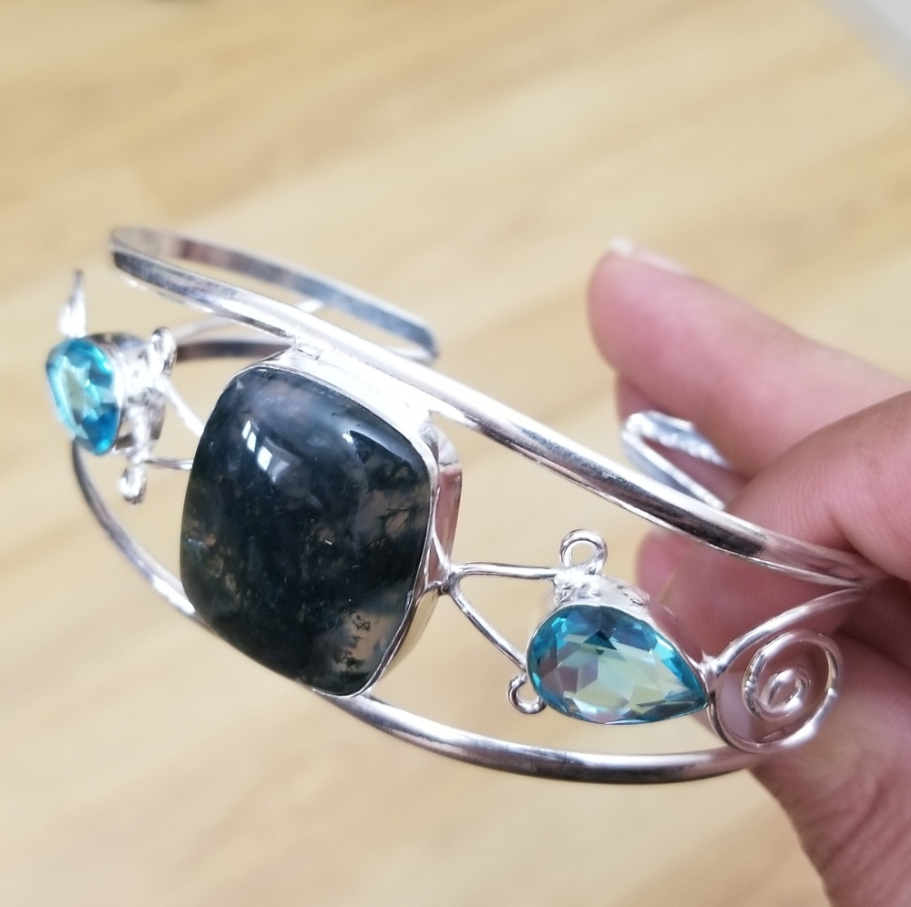 Silver Bracelet W/ 2 Blue Quartz And Natural Ston